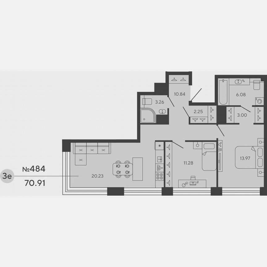 2-к. квартира, 70,9 м², 6/20 эт.