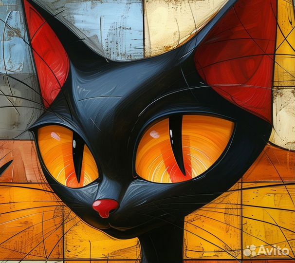 Картина маслом в стиле кубизм Черный кот Примерка
