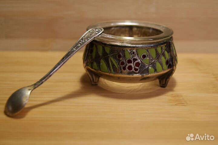 Солонка (Горчичница) мельхиор эмаль с ложкой СССР