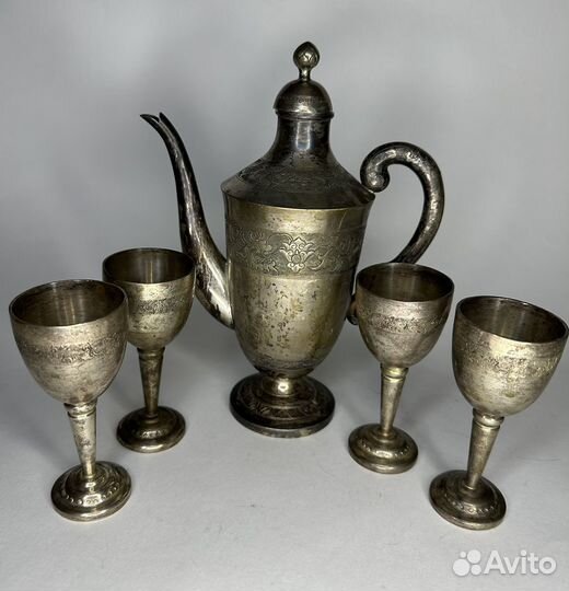 Старинный коньячный набор, латунь серебрение