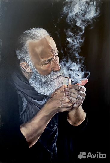Картина масло холст 70х100см «Старик.Дым»