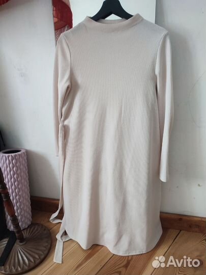 Платье женское белое молочное с поясом свободное