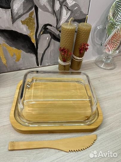 Масленка стеклянная крышка+ бамбук,370 мл