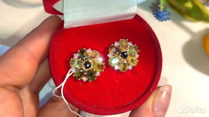 Серьги с зелеными сапфирами Сонгеа 7,2ct, 925/585