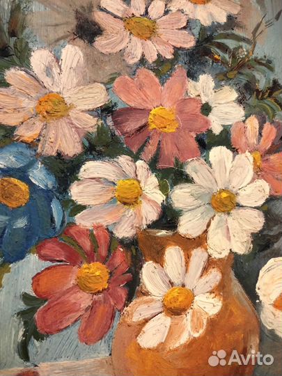 Картина маслом цветы в крынке 1994г