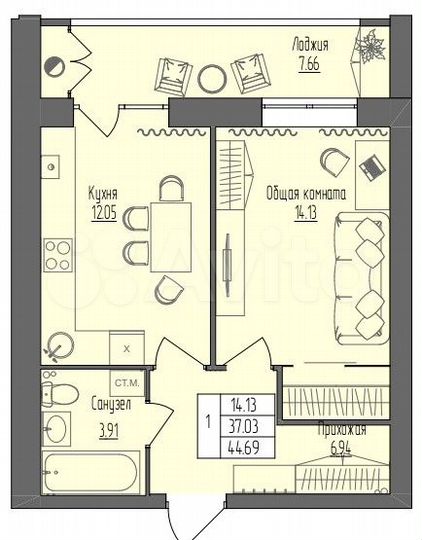 1-к. квартира, 44,7 м², 1/9 эт.