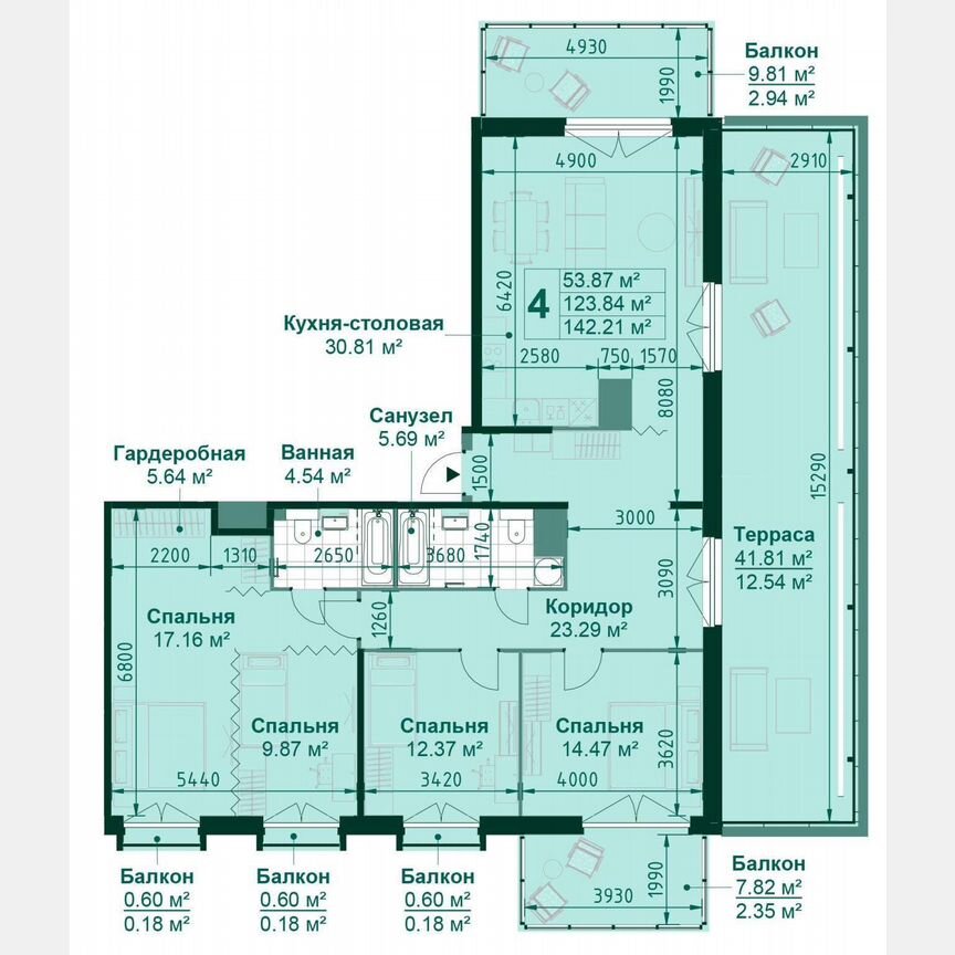 4-к. квартира, 124,3 м², 14/14 эт.