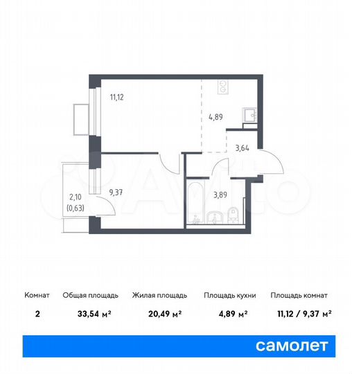 2-к. квартира, 33,5 м², 12/17 эт.