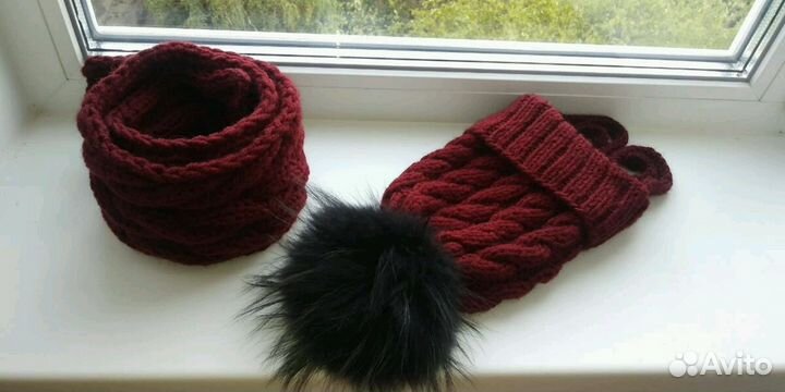 Вязаная шапка(косы) с помпоном и шарфик. Меринос