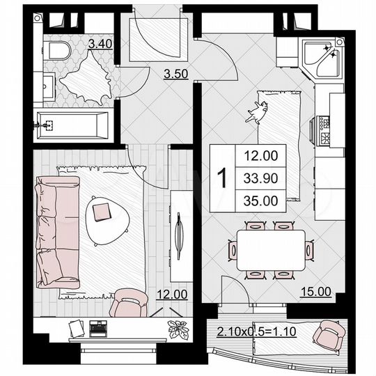 1-к. квартира, 34,4 м², 3/9 эт.