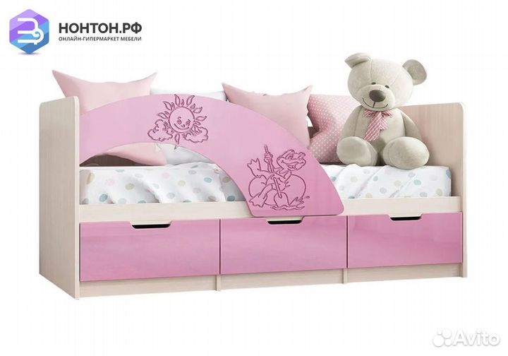 Кровать Юниор-3 Мульт розовый металл / дуб беленый