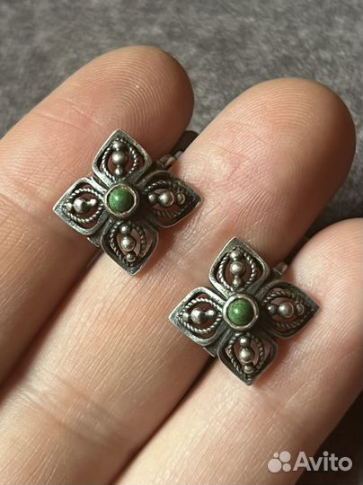 Серебряные серьги, нат зел. Бирюза, винтаж, СССР