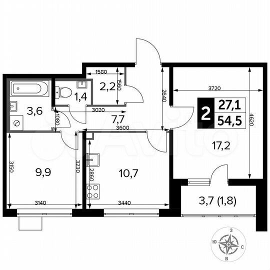 2-к. квартира, 54,5 м², 19/24 эт.
