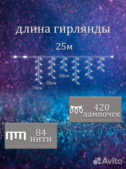 Новая гирлянда бахрома для улицы и дома 25м