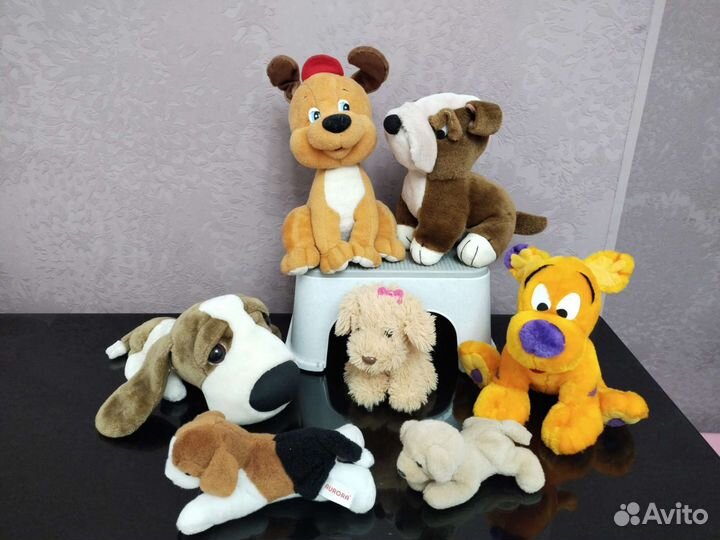 Мягкие игрушки кот, собака, мишка, лось