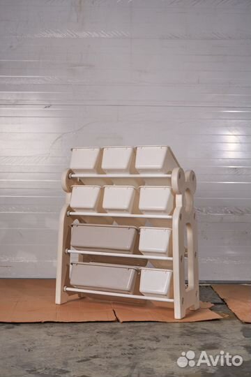 Стеллаж для игрушек белый (4 полки + 10 контейнеро