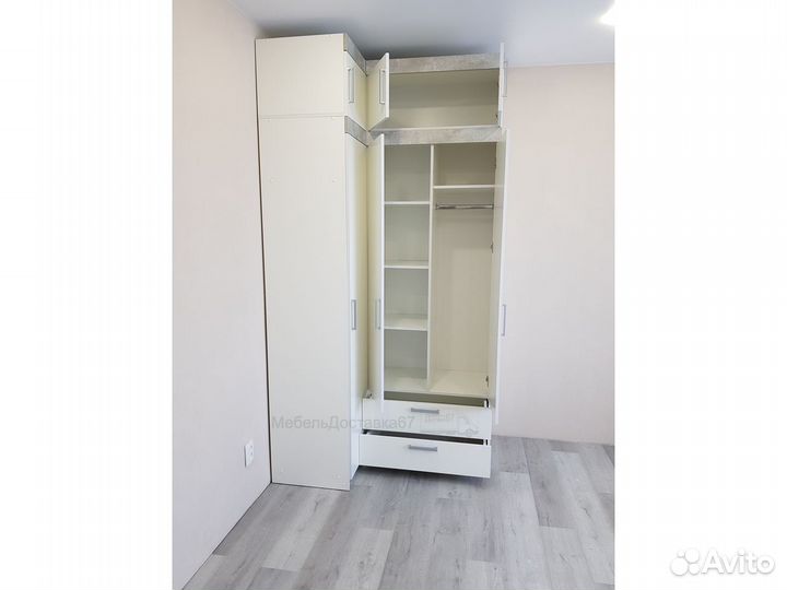 Шкаф угловой (250х90-130х50) белый/бетон светлый