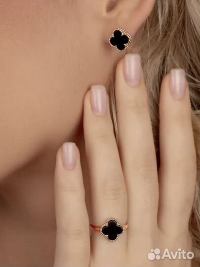 Золотые 585 серьги в стиле Van Cleef с ониксом