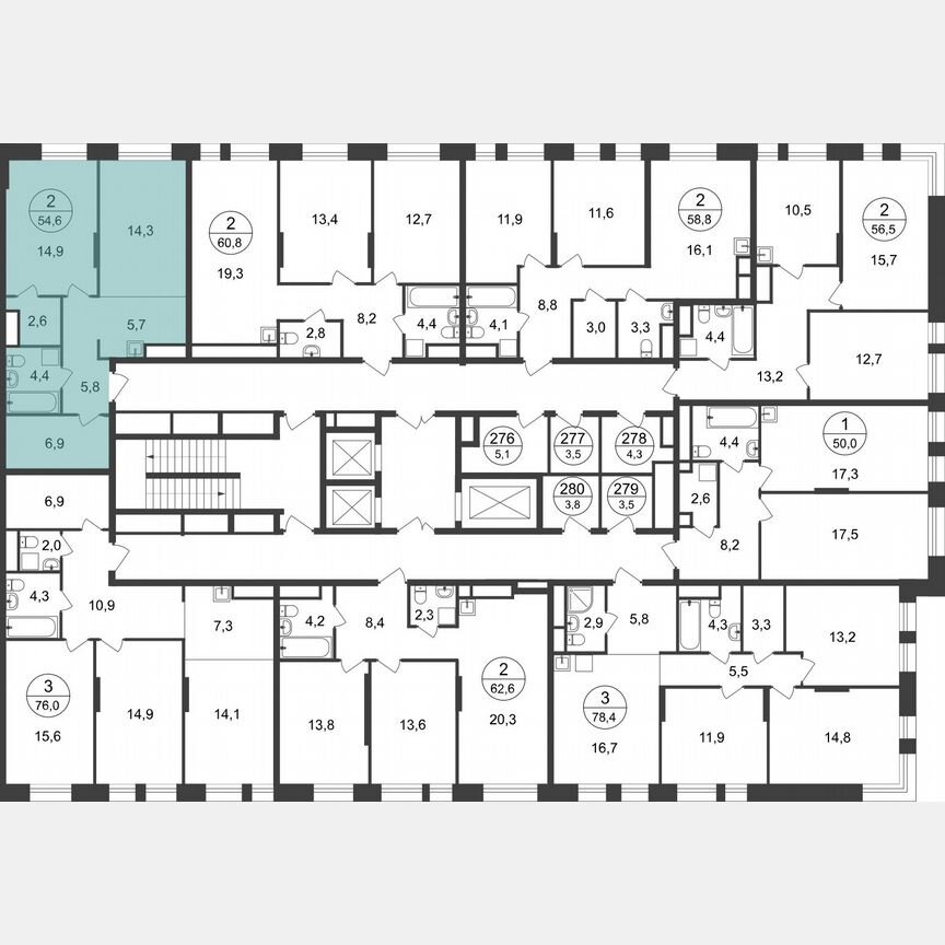 2-к. квартира, 54,6 м², 18/22 эт.