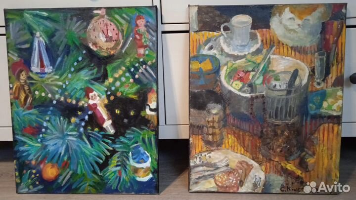 Картины маслом Елка, застолье,коты