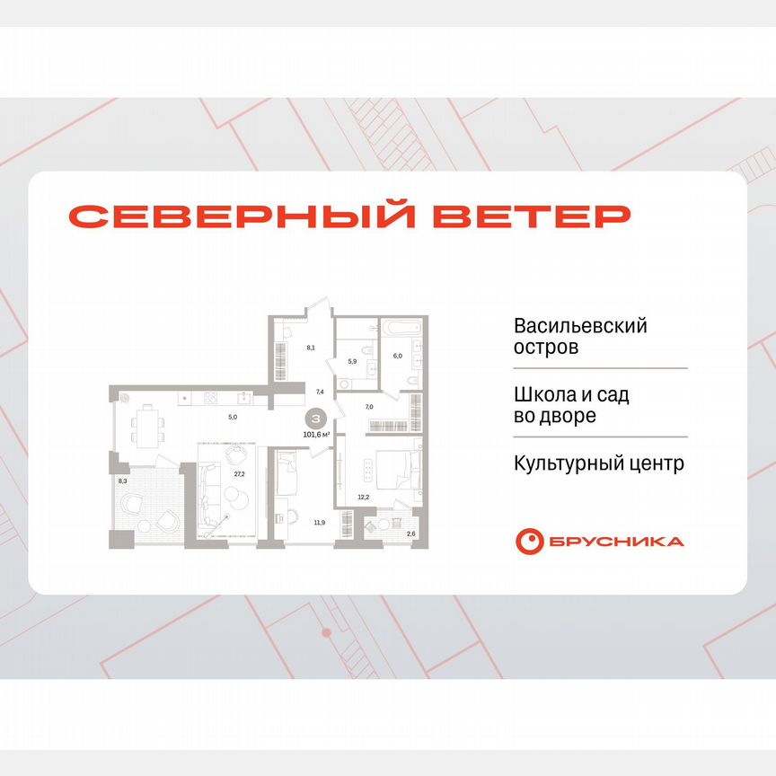 2-к. квартира, 101,6 м², 8/15 эт.