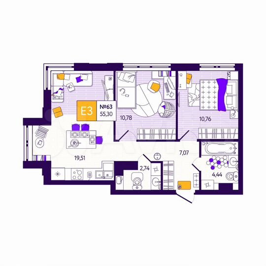 2-к. квартира, 55,3 м², 5/12 эт.