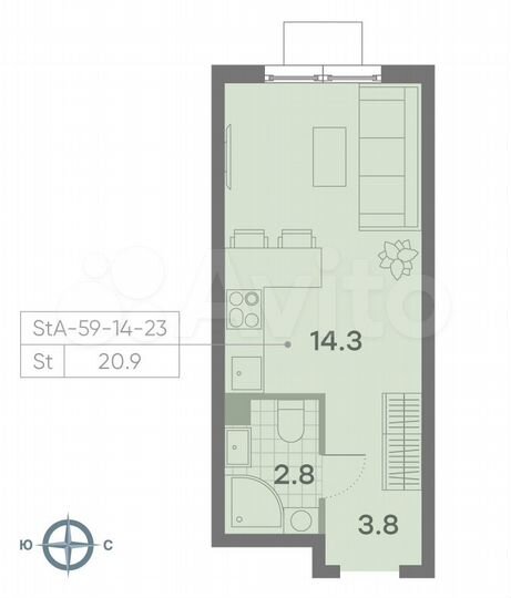 Квартира-студия, 20,9 м², 19/23 эт.