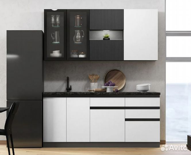 Кухня Техно-6 2.0 м графит / белый снег софт / гра