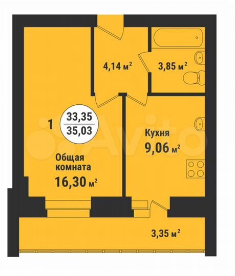 1-к. квартира, 35 м², 4/9 эт.