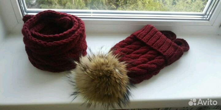 Вязаная шапка(косы) с помпоном и шарфик. Меринос