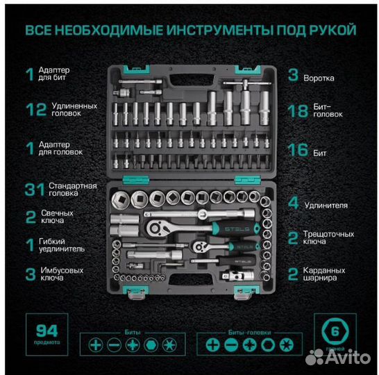 Набор инструментов stels 1/2, 1/4 CrV, 94 предм