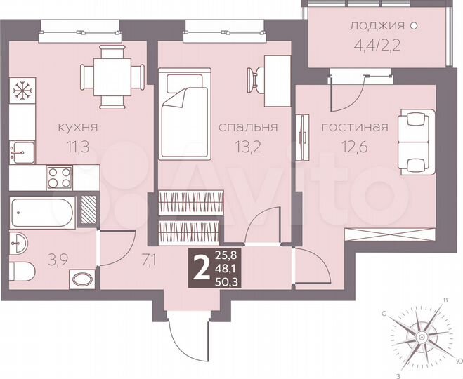 2-к. квартира, 50,3 м², 11/16 эт.