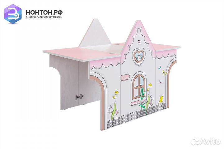 Стол-трансформер Домик белое дерево / розовый