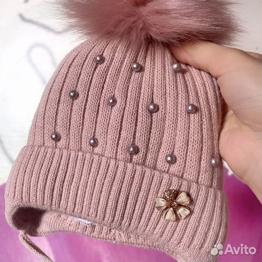Шапка осень для девочки с помпоном на 2-3 мес