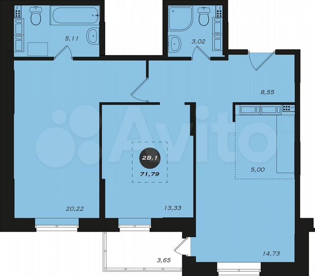 2-к. квартира, 71,8 м², 16/22 эт.