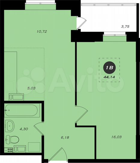 1-к. квартира, 44,1 м², 12/19 эт.