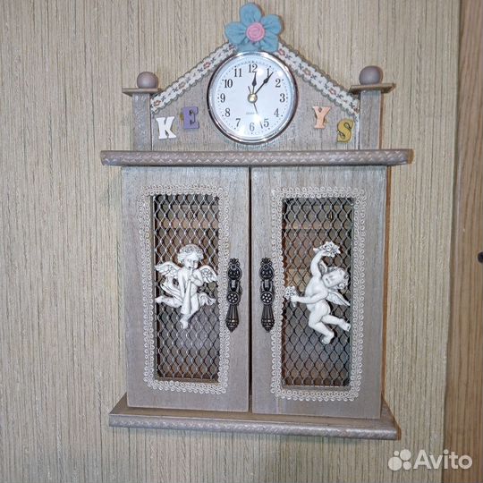 Ключница с часами Прованс-ангелы настенная 6 крюч