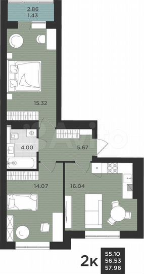 2-к. квартира, 58 м², 3/9 эт.