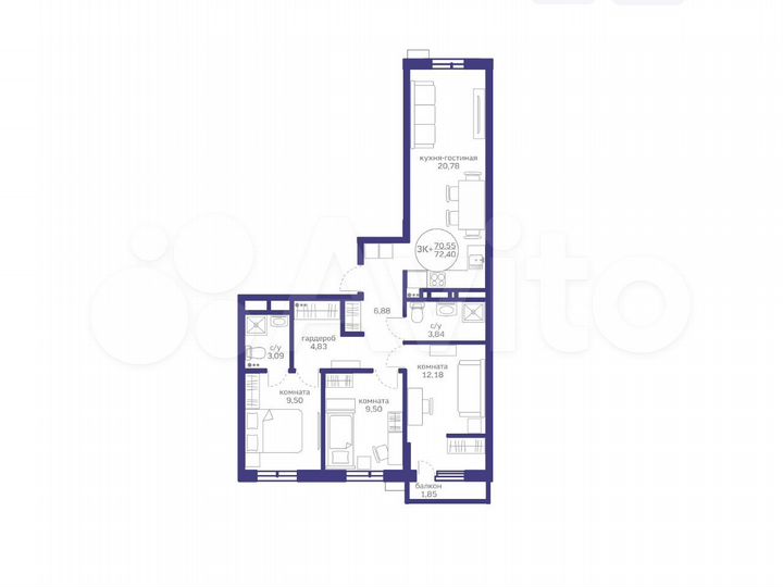 3-к. квартира, 70,6 м², 5/17 эт.