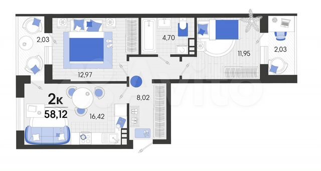 2-к. квартира, 58,1 м², 2/7 эт.
