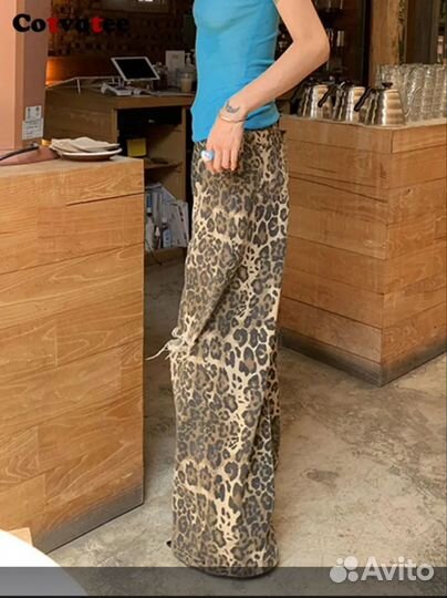Леопардовые брюки джинсы плотный хлопок S
