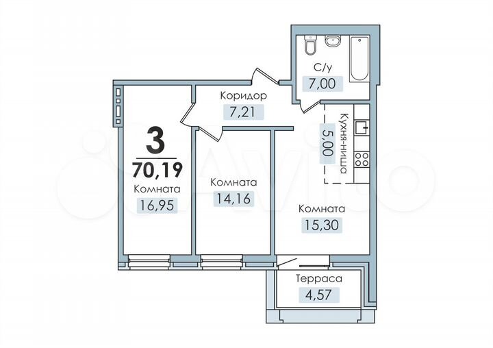 3-к. квартира, 70,2 м², 3/6 эт.