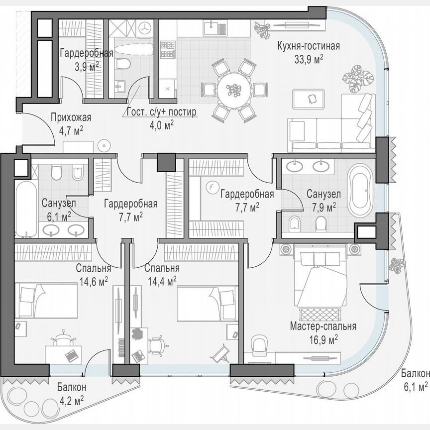3-к. квартира, 132 м², 5/14 эт.