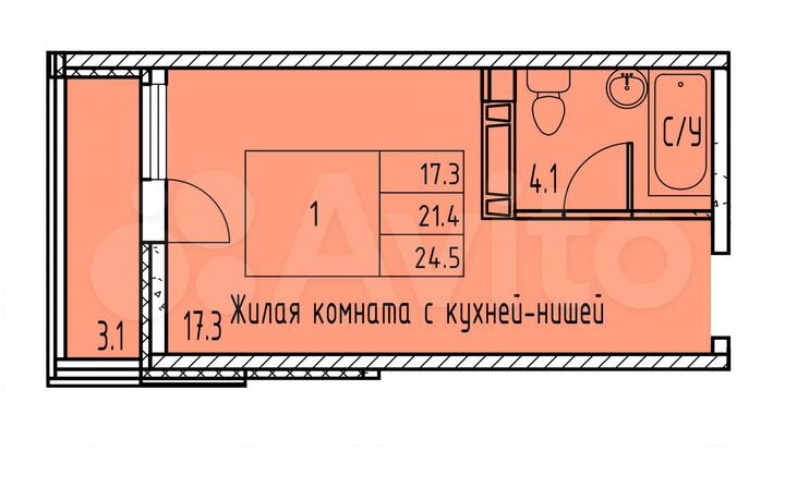 Квартира-студия, 24,6 м², 9/15 эт.