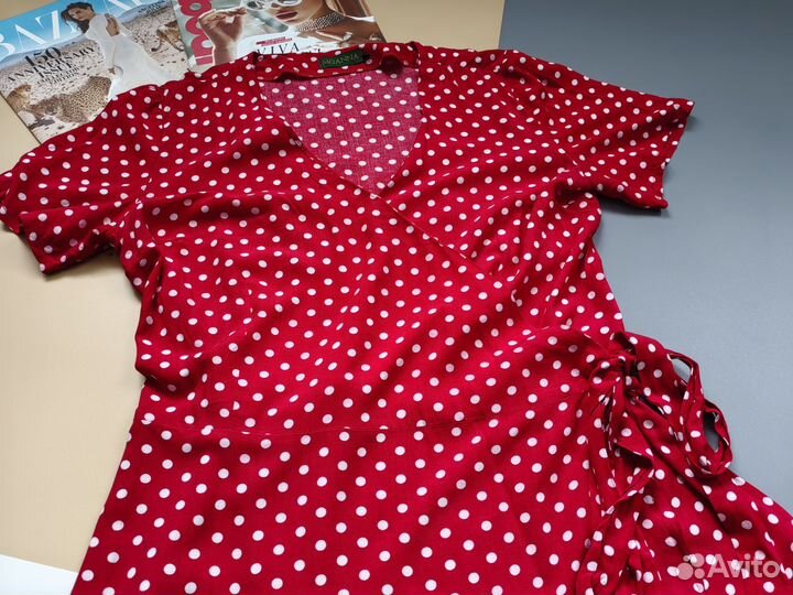 Платье на запах женское красное в горошек 46