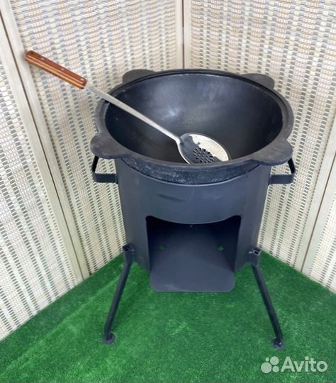 Казан чугунный с печкой + крышка + шумовка