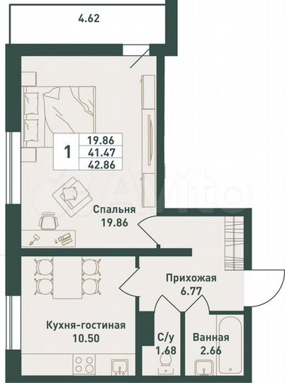 1-к. квартира, 42,9 м², 3/16 эт.