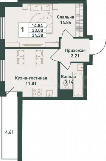 1-к. квартира, 34,4 м², 5/16 эт.