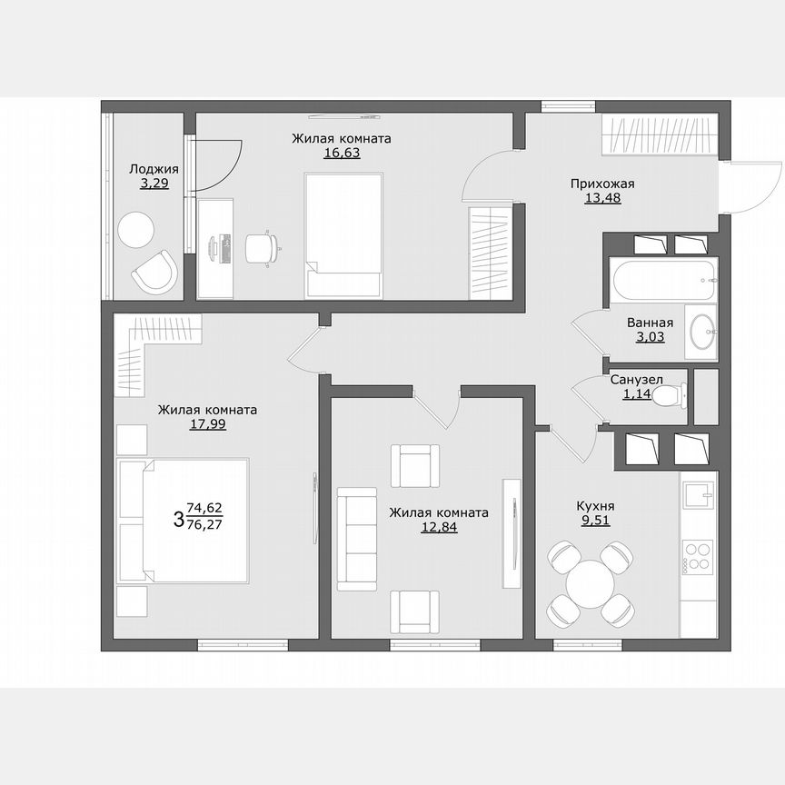 3-к. квартира, 76,3 м², 7/9 эт.