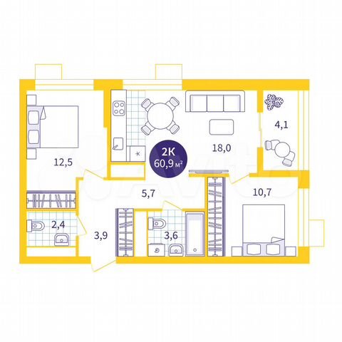 2-к. квартира, 60,9 м², 9/18 эт.